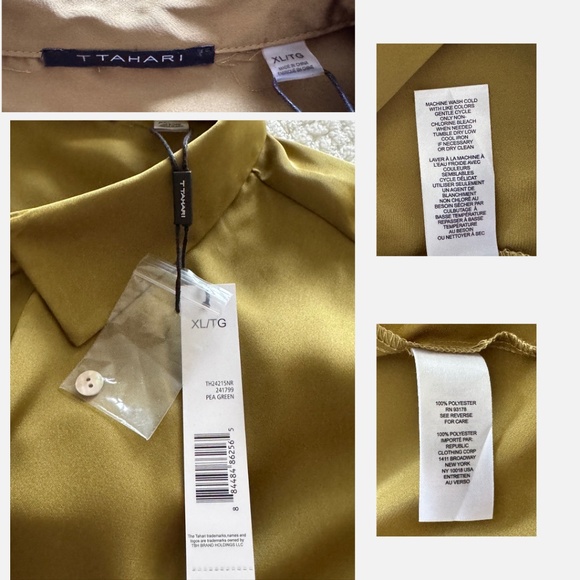 T Tahari Satin-Finish Button-Down Blouse – Pea Green – XL (NWT see note) - Picture 5 of 7